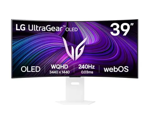 Монитор, LG 39GX90SA-W, 39", OLED UltraGear 21:9 Curved Smart, IPS 0.03 ms, WQHD (3440x1440), 240Hz, HDR 10, 1500000:1, 250 cd/m2, DCI-P3 98.5%, USB 3.0, VRR, Free-sync, G-Sync, USB-C, PD 65W, HDMI, DP, PBP, Speakers, LG Switch, Height, Swivel, Tilt, White