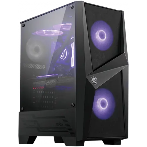 MSI MAG FORGE 100M, Mid-Tower, ATX/Micro-ATX/Mini-ITX, 2x USB 3.2 Gen 1 Type-A, 1x Audio/1x Mic, RGB Hub, RGB Button, 3x 120mm Fans (2x RGB), Mesh Front Panel, Tempered Glass
