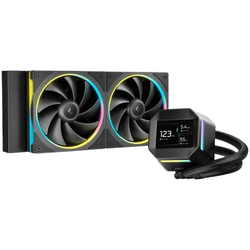 DeepCool LM240, 240mm CPU Liquid Cooler, 2.4" LCD screen, 2x120mm FL12 SE ARGB PWM Fans, Fluid Dynamic Bearing, Black, Intel LGA1851/1700/1200/1151/1150/1155, AMD AM5/AM4, R-LM240-BKDMMC-1, 3Y