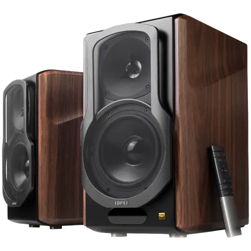 Edifier S2000MKIII Active Bookshelf Speakers, Bluetooth V5.0, Optical, Coaxial, Dual RCA Inputs, Planar diaphragm tweeters and aluminum diaphragm drivers, 130W (RMS), 4 EQ Presets, Control Knobs and Remote Control, Brown