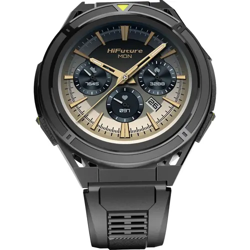Часовник, HiFuture Active Black Yellow, *1.43"  AMOLED, Dual Band GPS +Compass + Altimeter 466*466, Powered by Dual Core & Syntra AI, Bluetooth Call, 5ATM Waterproof, 24/7 True Heart Rate & Blood Oxygen Sensor, Up to 10 days daily use