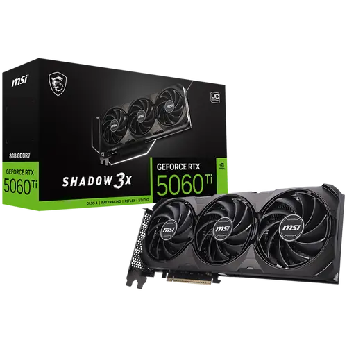 MSI Video Card NVIDIA GeForce RTX 5060 Ti 8G SHADOW 3X OC CLASSIC, 8GB GDDR7, 128-bit, 2602 MHz Boost, 4608 CUDA Cores, PCIe 5.0 (x8), 3x DP 2.1b, HDMI 2.1b, RAY TRACING, Triple Fan, 180W TDP, 8-pin PCIe Power, G-SYNC, 2-Slot, 3Y
