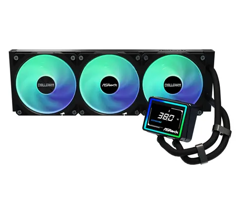 Asrock Challenger 360 Digital, AiO liquid cooler, ARGB, Digital display, 360 mm radiator, AM5, AM4, LGA1851, LGA1700, 90-ACLA36-BAAGA6, Black, 6Y