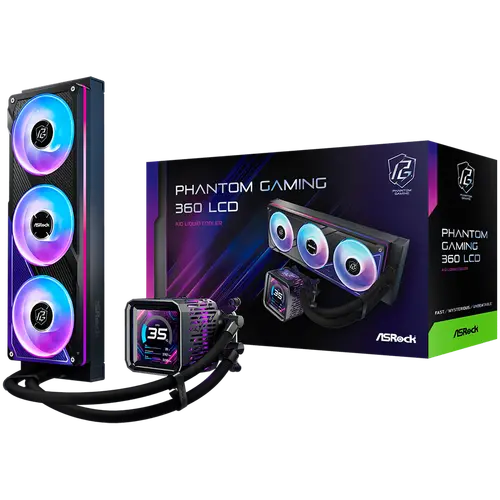 Asrock PHANTOM GAMING 360 LCD, AiO liquid cooler, ARGB, IPS LCD, 360 mm radiator, AM5, AM4, LGA1851, LGA1700, 90-APGA36-BAAGA5, 6Y