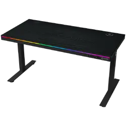 Dual-motor sit/stand adjustable-height gaming desk with wireless charger, RGB lighting, control panel, and USB ports, PB melamine surface tabletop, black.