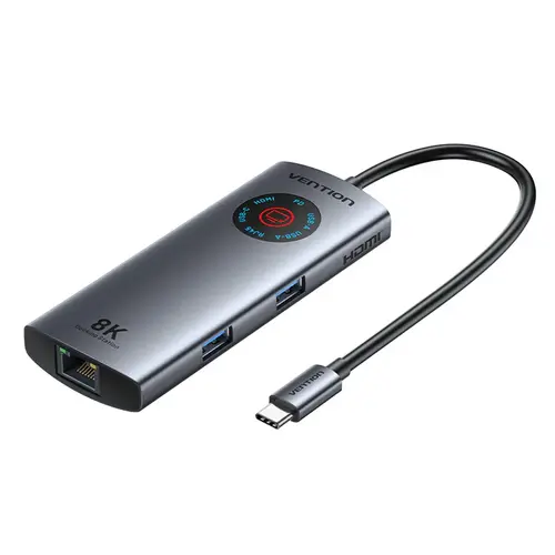 Vention докинг станция Docking Station Type-C - TQZHB - 8K, LED Display - HDMI, USB 3.0 x 2, USB-C 3.2 Gen 1, PD100W,  LAN (1Gbps)