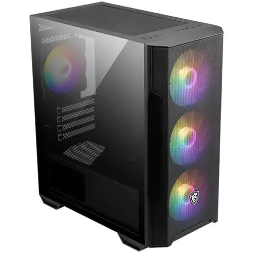 MSI MAG FORGE M100R, M-ATX Tower, M-ATX/ M-ITX, 1x USB 3.2 Gen 1 Type-A, 2x USB 2.0 Type-A, 1x Audio, 1x Mic, Power Button, 4x 120mm ARGB Fans, LED Button, ARGB Control Board, Mesh Panel, Tempered Glass