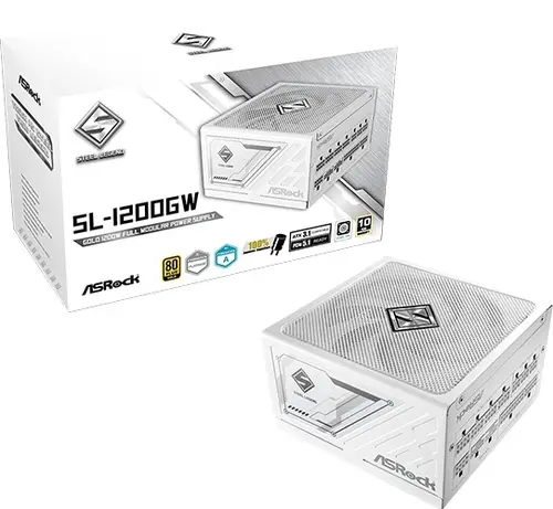 Asrock SL-1200GW, 1200W, 80 Plus GOLD, Fully Modular PSU, Japanese Capacitors, 2x EPS 12V CPU, 2x PCIe5.1 (12+4pin), 2x PCIe (6+2pin), 3x 4-pin connectors, 9x SATA, OCP, SCP, OVP, UVP, OTP, OPP protections, 135 mm Axial Fan, ATX 3.1, White