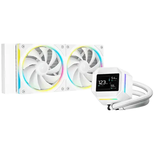 DeepCool LM240 WH, 240mm CPU Liquid Cooler, 2.4" LCD screen, 2x120mm FL12 SE ARGB PWM Fans, Fluid Dynamic Bearing, White, Intel LGA1851/1700/1200/1151/1150/1155, AMD AM5/AM4, R-LM240-WHDMMC-1, 3Y