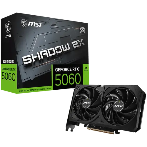 MSI Video Card NVIDIA GeForce RTX 5060 8G SHADOW 2X OC MAX, 8GB GDDR7, 128-bit, 2535 MHz Boost, 3840 CUDA Cores, PCIe 5.0 (x8), 3x DP 2.1b, HDMI 2.1b, RAY TRACING, Metal Backplate, Dual Fan, 145W TDP, 8-pin PCIe Power, G-SYNC, 2-Slot, 3Y