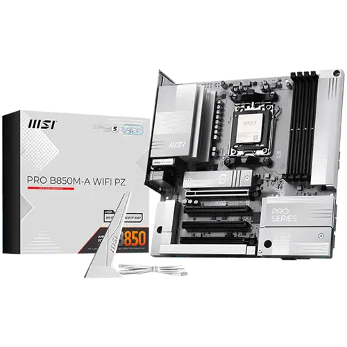 MSI PRO B850M-A WIFI PZ, mATX, Socket AM5, 4x DDR5 Dual Channel DDR5 up to 8200(OC)MHz, 4x PCIe x16 slot, 2x M.2 slot, 3x USB 5Gbps, 3x USB 10Gbps, 1x USB 10Gbps Type-C, 7.1 HD Audio, 5G LAN, WiFI 7, BT, 3Y