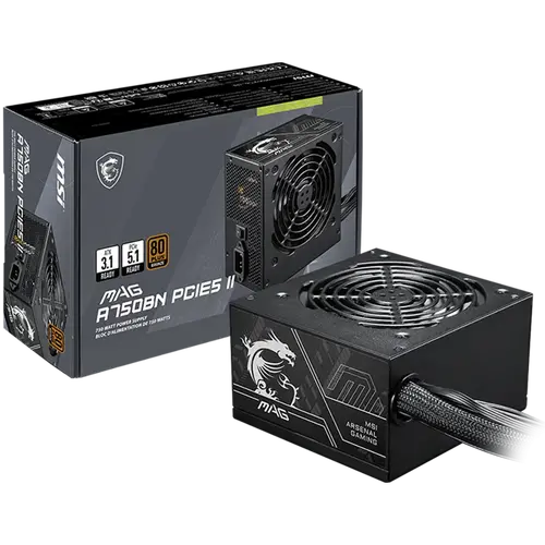 MSI MAG A750BN PCIE5 II, 750W, 80 Plus Bronze, 120mm Low Noise Fan, Protections: OVP/OCP/SCP/OPP/UVP, Dimensions: 140mmx150mmx86mm, 5Y Warranty