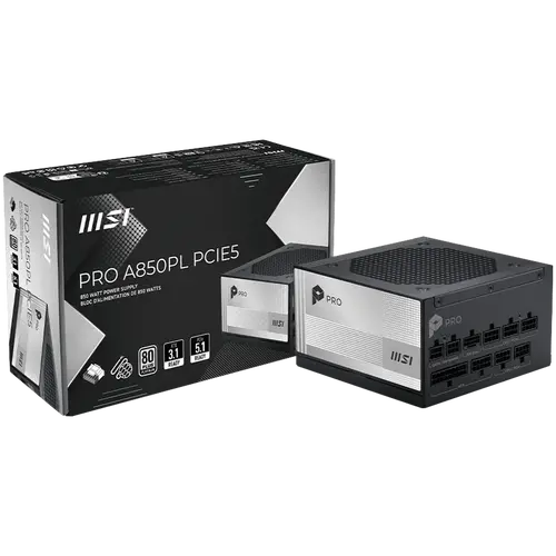 MSI PRO A850PL PCIE5, 850W, 80 Plus Platinum, 120mm Fluid Dynamic Bearing Fan, Protections: OCP/OTP/OPP/SCP/OVP/UVP/SIP/NLO, Dimensions: 150mmx150mmx86mm, 7Y Warranty