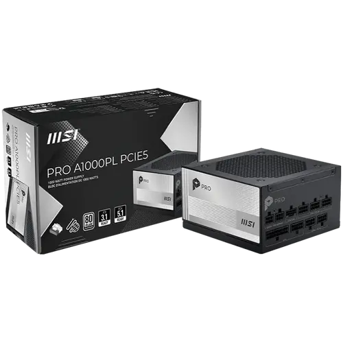 MSI PRO A1000PL PCIE5, 850W, 80 Plus Platinum, 120mm Fluid Dynamic Bearing Fan, Protections: OCP/OTP/OPP/SCP/OVP/UVP/SIP/NLO, Dimensions: 150mmx150mmx86mm, 7Y Warranty