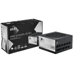 MSI PRO A1000PL PCIE5, 850W, 80 Plus Platinum, 120mm Fluid Dynamic Bearing Fan, Protections: OCP/OTP/OPP/SCP/OVP/UVP/SIP/NLO, Dimensions: 150mmx150mmx86mm, 7Y Warranty