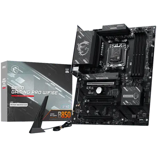 MSI B850 GAMING PRO WIFI6E, ATX, Socket AM5, 4x DDR5 Dual Channel up to 8200(OC)MHz, 4x PCIe x16 slot, 2x M.2 slot, 4x USB 5Gbps, 3x USB 10Gbps, 1x USB 10Gbps Type-C, HDMI, DP, 7.1 HD Audio, 2.5G LAN, WiFI 6E, BT, 3Y