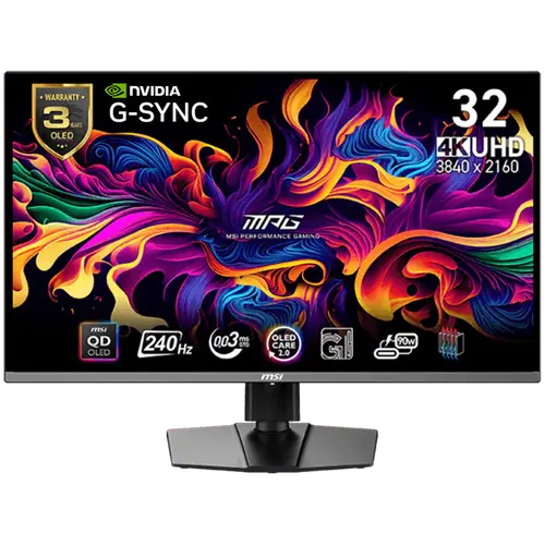 MSI MPG 321URX QD-OLED Gaming Monitor, 31.5" 240Hz, UHD (3840x2160) 16:9, QD-OLED Anti-Reflection, 0.03ms, 250nits, 1500000:1, 178/178, G-SYNC Compatible, DisplayHDR True Black 400, Adjustable Stand, 1x DP, 2x HDMI, 1x Type-C,1xHeadphone out, 3Y