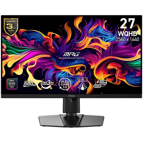 MSI MPG 271QR QD-OLED X50 Gaming Monitor, 26.5" 500Hz, WQHD (2560x1440) 16:9, QD-OLED Anti-Reflection, 0.03ms, 300nits, 1500000:1, 178/178, G-SYNC Compatible, AMD FreeSync Premium Pro, DisplayHDR True Black 500, Adj. Stand, 1xDP, 2xHDMI, 1xType-C, 3Y