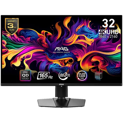 MSI MAG 321UP QD-OLED Gaming Monitor, 31.5" 165Hz, UHD (3840x2160) 16:9, QD-OLED Anti-Reflection, 0.03ms, 250nits, 1500000:1, 178/178, AMD FreeSync Premium Pro, DisplayHDR True Black 400, Adjustable Stand, 1x DP, 2xHDMI, 1xType-C, 1xHeadphone out, 3Y