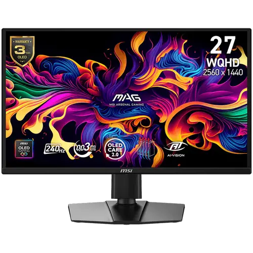 MSI MAG 272QP QD-OLED X24 Gaming Monitor, 26.5" 240Hz, WQHD (2560x1440) 16:9, QD-OLED Anti-Reflection, 0.03ms, 200nits, 1500000:1, 178/178, G-SYNC Compatible, AMD FreeSync Premium, HDR Ready, Adjustable Stand, 1x DP, 2x HDMI, 1x Type-C, 3Y
