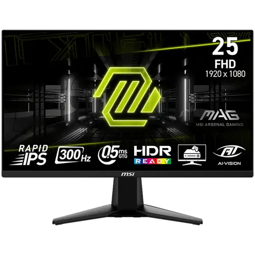 MSI MAG 255XF Gaming Monitor, 24.5" 300Hz, FHD (1920x1080) 16:9, Rapid IPS, 0.5ms, 250nits, 1000:1, 178/178, AMD FreeSync Premium, HDR Ready, Tilt, 1x DP, 2x HDMI, 1x Headphone out, 3Y Warranty
