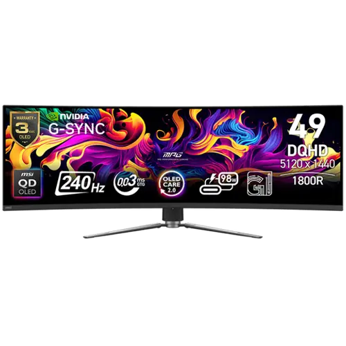 MSI MPG 491CQPX QD-OLED Gaming Monitor, 49" 240Hz, DQHD (5120x1440) 32:9, QD-OLED, 0.03ms, 250nits, 3500:1, 178/178, 1800R Curve, G-Sync Compatible, HDR True Black 400, Adjustable Stand, 1x DP, 2x HDMI, 1x Type-C, 1x Headphone out, USB, 3Y Warranty