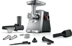 Месомелачка, Bosch MFWS835M, SER8, Meat mincer, Blocking power: 2500W, 4,5 kg/min, 10-year motor, dishwasher safe, tomato press, kebbe att., sausage att., silver black