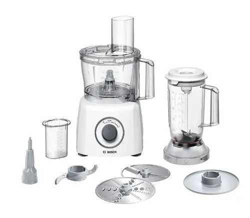 Кухненски робот, Bosch MCM3200W, Kitchen machine, MultiTalent 3, 800 W, BPA-free, plastic bowl 2.3 l , Double-sided stainless steel disc for cutting and planing, suitable for crushing ice, Dough attachment, white