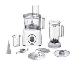 Кухненски робот, Bosch MCM3200W, Kitchen machine, MultiTalent 3, 800 W, BPA-free, plastic bowl 2.3 l , Double-sided stainless steel disc for cutting and planing, suitable for crushing ice, Dough attachment, white
