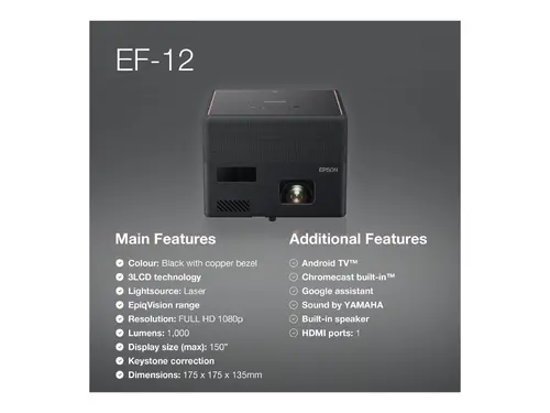 Мултимедиен проектор, Epson EF-12, Portable Laser Android TV Edition, Full HD (1920 x 1080), 16:9, 1000 ANSI lumens, 2500000:1, 2xHDMI, Bluetooth, Android TV, Chromecast, 2x5 W Yamaha sound, 30-150", 2.1 kg, Black