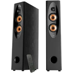 FENDA F&D T-60X PRO 2.0 Floorstanding Speakers, 120W RMS ( 60Wx2), 1'' Tweeter + 4'' Speakers x2 + 8'' Subwoofer for each channel, BT 5.3/Optical/COAXIAL/AUX/USB/Karaoke function/LED Display/Remote control/Microphone/Wooden, Touch buttons, Black