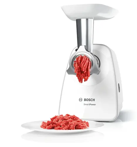 Месомелачка, Bosch MFW2517W, Meat mincer, SmartPower Meat mincer from SmartPower range: 1500W, 1,7 kg/min, 2 sieves, 1 sausage horn, fruit press attachment, shredder with 3 barrels, no reverse, white