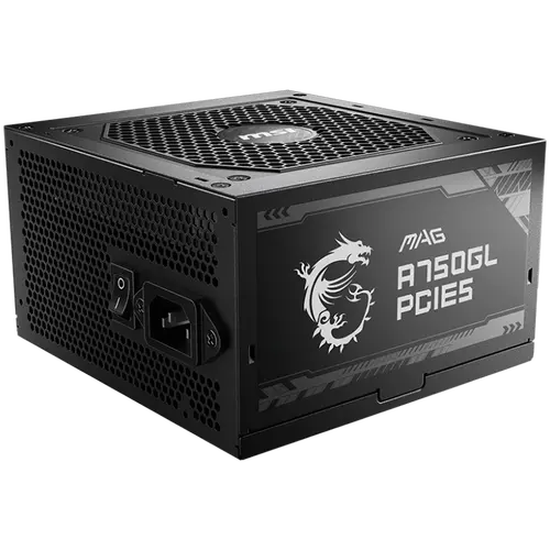 MSI MAG A750GL PCIE5, 750W, 80 Plus Gold, ATX Form Factor, 100~240 Vac Input Voltage, 47Hz ~ 63Hz Input Frequency, 120 mm Fan, 140 x 150 x 86mm, Active PFC, OCP, OVP, OPP, OTP, SCP, UVP, ATX, 2xEPS, 4XPCi-E, 8xSATA, 4xMOLEX, 1xFDD, 7Y