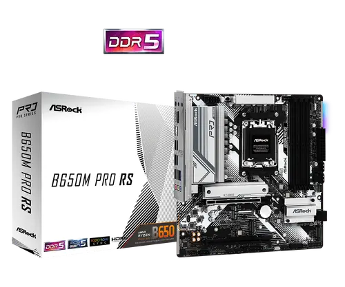 ASROCK MB Desktop B650M PRO RS, AM5, 4x DDR5, 1x PCIe 4.0 x16, 1x PCIe 3.0 x16, 1x Blazing M.2(PCIe Gen5x4), 1x Hyper M.2, 4x SATA3, RAID 0, 1, 10, 7.1 CH HD Audio, 1x HDMI, 1x DP, 2.5G LAN, 6x USB 3.2, 8x USB 2.0, 2x USB-C, mATX