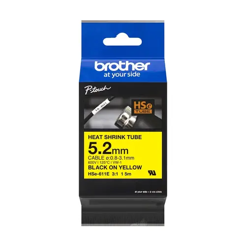 Консуматив, Brother HSe-611E 5.2mm Black on Yellow Heat Shrink Tape Консуматив, Brother HSe-611E 5.2mm Black on Yellow Heat Shrink Tape