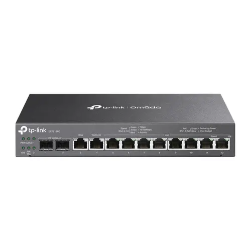 TP-Link ER7212PC Omada Gigabit VPN Router with PoE+ Ports and Controller Ability, 2× G SFP WAN/LAN Port, 1× G RJ45 WAN Port, 1× G RJ45 WAN/LAN Ports, 8× G PoE+ RJ45 LAN ports, 802.3at/af, 110 W PoE Power, 3-in-1 (Router, PoE+ Switch, Controller)