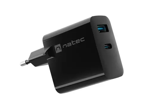 Адаптер, Natec USB Charger  Ribera Gan 1X USB-A + 1X USB-C 65W, Black