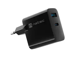 Адаптер, Natec USB Charger  Ribera Gan 1X USB-A + 1X USB-C 65W, Black
