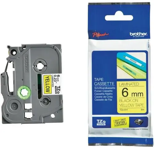 ЛЕНТА ЗА ЕТИКЕТНИ ПРИНТЕРИ BROTHER ТИП TZ - 6 mm x 8,00 m - BLACK ON YELLOW TAPE - PN TZE611 (TZE-611)
