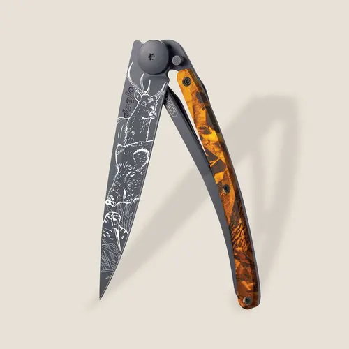 Джобен нож Deejo 37g, Orange camo / Hunting Scene