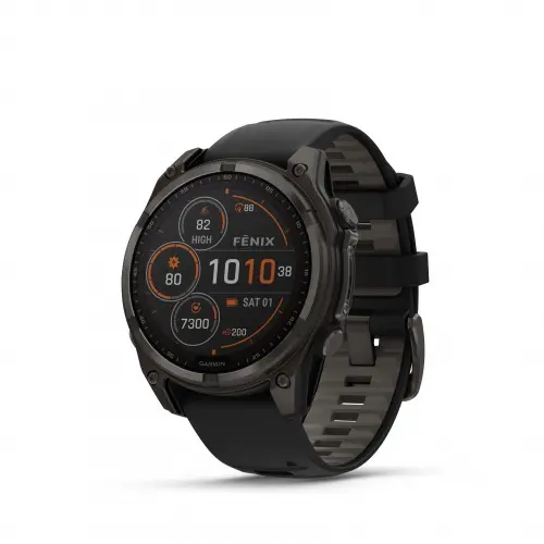 Garmin FĒNIX® 8 - 47 мм, SOLAR - FĒNIX® 8 - 47 мм Solar, Sapphire - Carbon Gray DLC Titanium с Black/Pebble Gray силиконова  010-02906-11