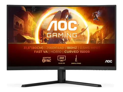 Монитор, AOC CQ32G4VE, 31.5" Curved 1500R, Fast VA WLED, 2560x1440@180 Hz, 1ms GtG, 0.5ms MPRT, 300 cd/m2, 3500:1, 80M:1 DCR, Adaptive Sync, Flicker Free, Low Blue Light, Tilt, 2xHDMI, DP