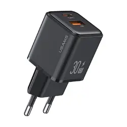 Бързо зарядно устройство Usams PD30W+QC3.0 A+C Dual-port, черен