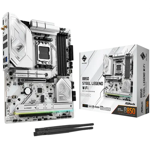ASROCK MB Desktop B850 STEEL LEGEND WIFI, AM5, 4x DDR5, 1x PCIe 5.0 x16, 1x Blazing M.2(PCIe Gen5x4), 3x Hyper M.2, 4x SATA3, RAID 0, 1, 10, 7.1 CH HD Audio, 1x HDMI, 9x USB 3.2, 8x USB 2.0, 3x USB-C, 2.5G LAN, 2x Wi-Fi 7, 1x HDMI, 1x SPDIF, ATX