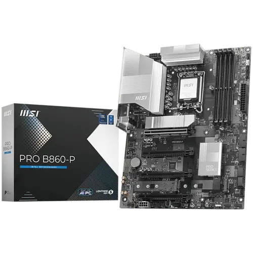 MSI PRO B860-P, ATX, LGA 1851, 4x DDR5 Dual Channel DDR5 up to 8600(OC)MHz, 4x PCIe x16 slot, 3x M.2 slot, 4x USB 2.0, 2x USB 5Gbps, 2x USB 10Gbps, 1x USB 40Gbps Type-C, HDMI, DP, 7.1 HD Audio, 5G LAN, 3Y