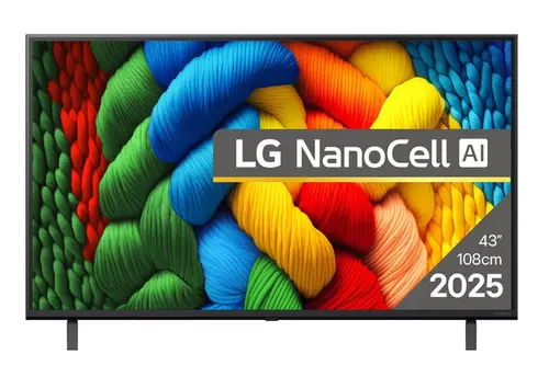 Телевизор, LG 43NANO80A3B, 43" 4K HDR Smart Nano Cell TV, 3840x2160, DVB-T2/C/S2, AI Alpha 7, HDR 10 PRO, webOS 25, ThinQ AI, VRR, ALLM, HGiG, WiFi, Clear Voice, AI Upscaling, Bluetooth, Hdmi e-ARC , CI, LAN, AirPlay2, Chromecast, 2 Pole stand, Black