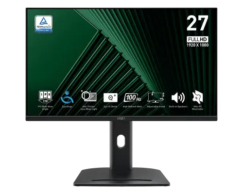 Монитор, MSI PRO MP275PG, 27", 1ms, 100Hz, IPS, 1920x1080 (FHD), 16:9, FLAT, Adaptive-Sync, MSI Power Link, EyesErgo, 78% SRGB, AG, 300 nits, 1000:1, DP (1.2a), HDMI 1.4b, VGA, Line-in, Speakers 2x2W, Pivot, Heigh Adj. 130 mm, VESA, Black, 6.03kg